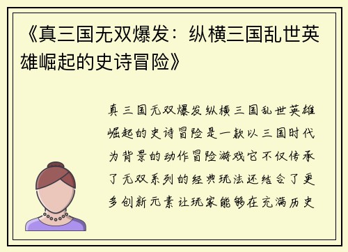 《真三国无双爆发：纵横三国乱世英雄崛起的史诗冒险》